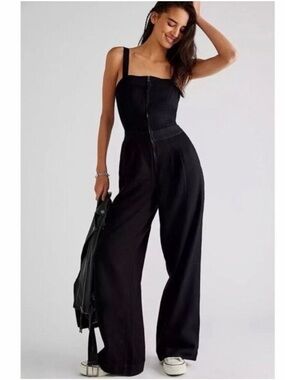 FREE PEOPLE Large CALL ON ME ONE PIECE WIDE LEG JUMPSUIT IN Black Boho